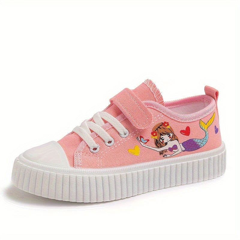 Girls Cartoon Mermaid Low Top Canvas Sneakers Lightweight Non-Slip All Seasons
