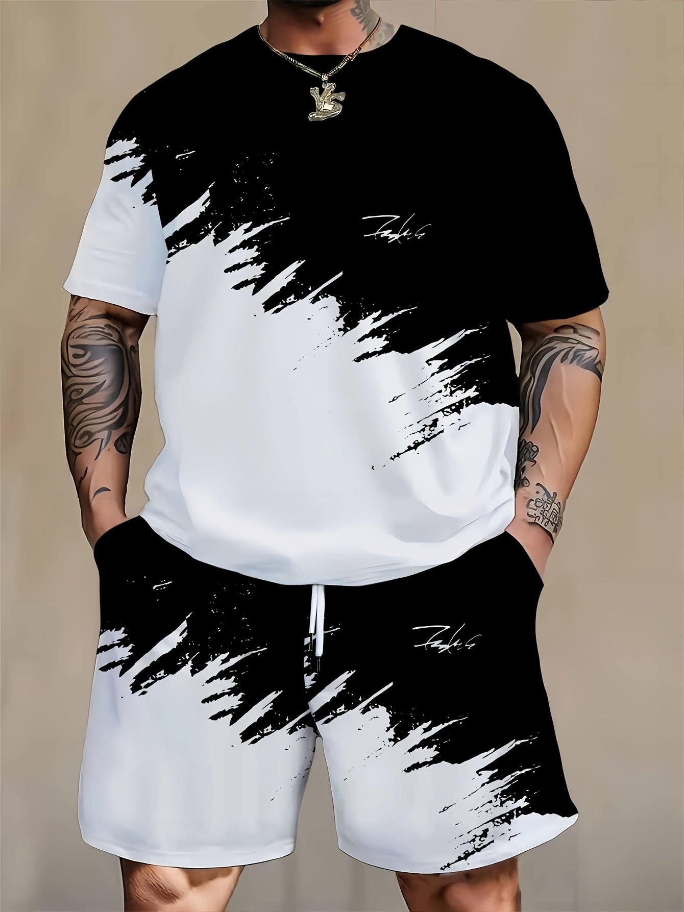 Men's Plus Size 3D Print Short-Sleeve Shirt and Shorts Set Polyester Casual Sports