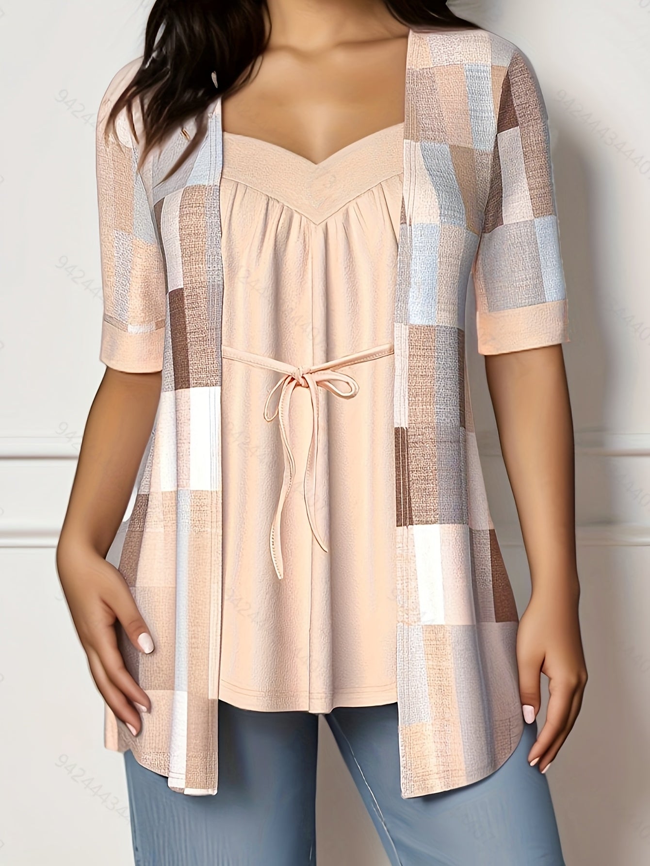 Кардиган женский в крупном размере из трикотажа с шнуровкой, геометрический принт, V-образный вырез, весна-осень