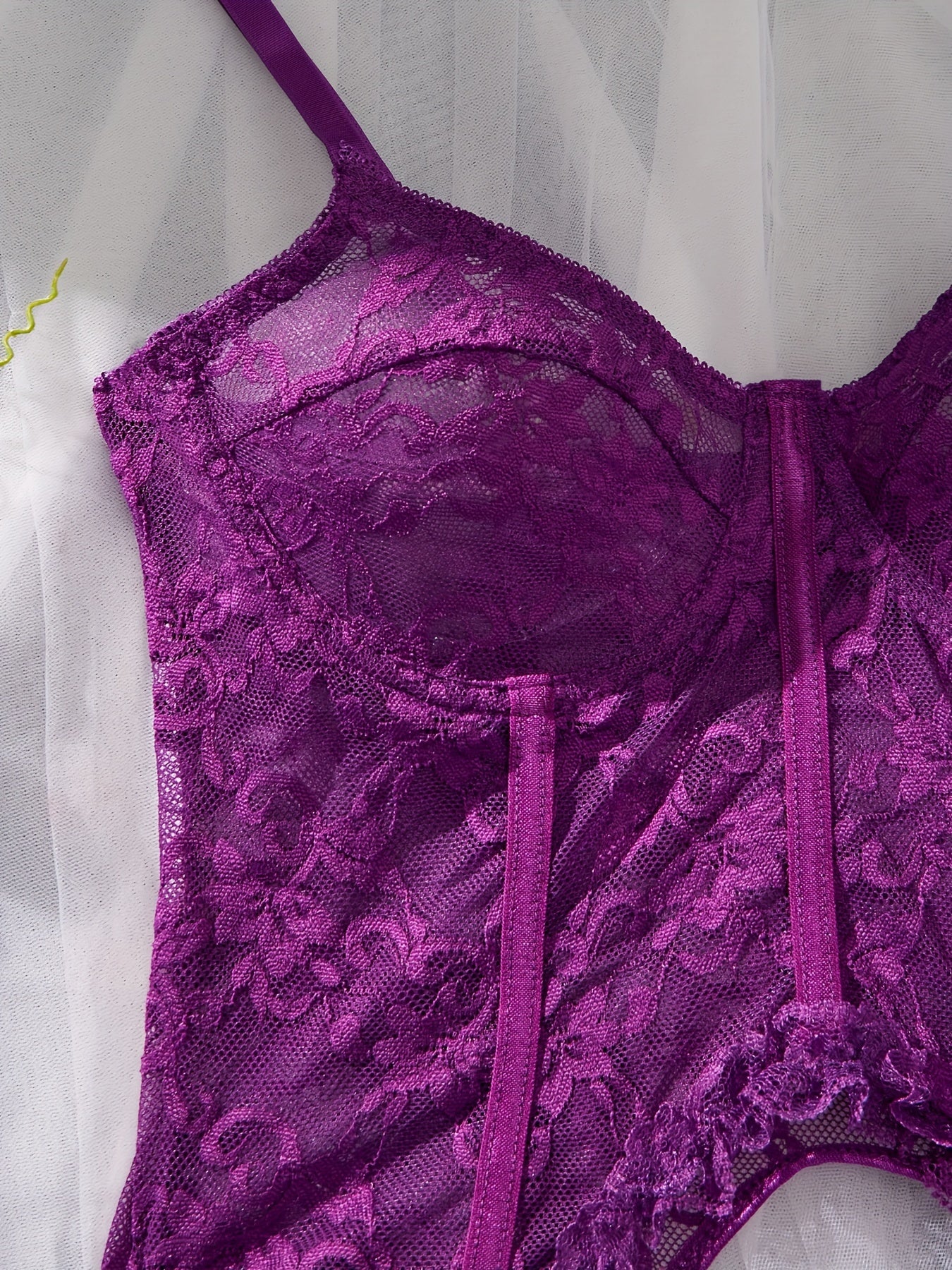 Women's Floral Lace Lingerie Set with Cami Bra Garter Belt and Strappy Thong