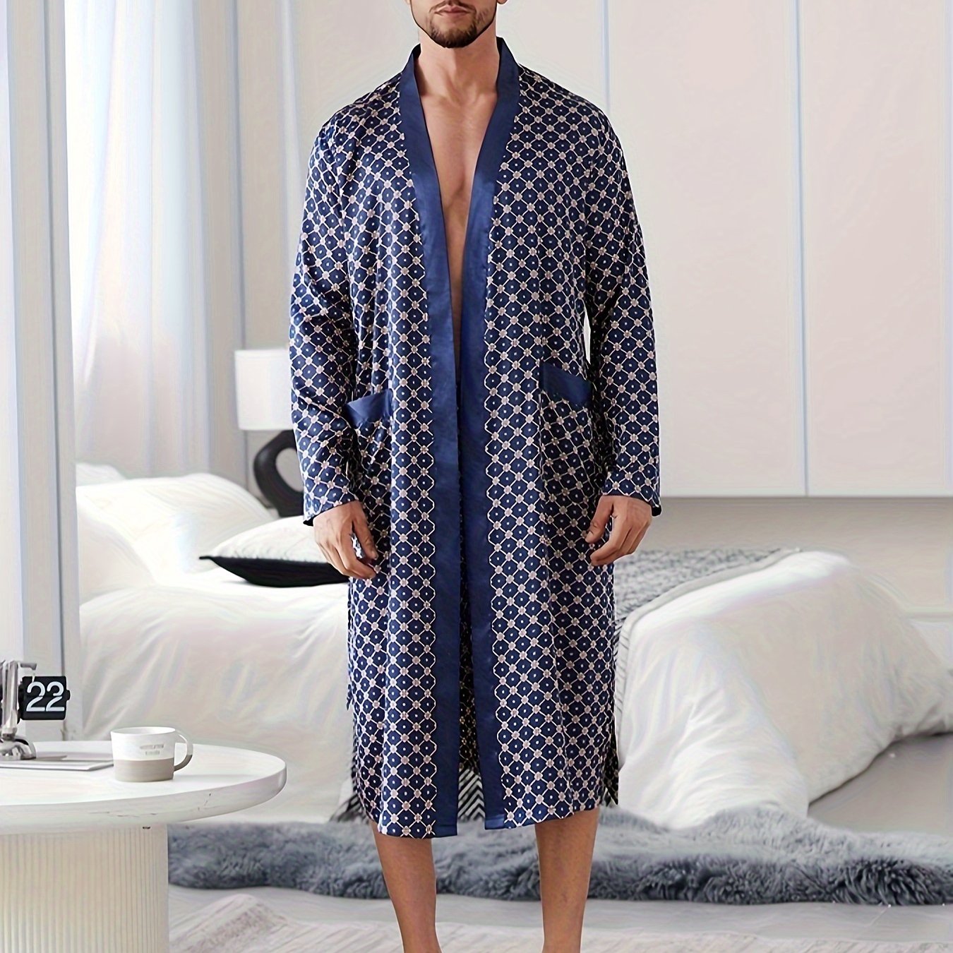 Men's Casual Pajama Set with V-Neck Robe Belt Random Print Polyester Non-Stretch