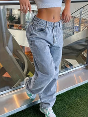 Women's Casual Wide Leg Jeans with Slant Pockets Non-Stretch Denim Long Length