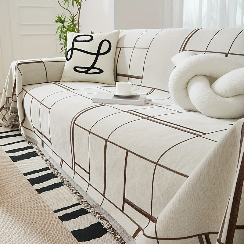 Bohemian Pet-Friendly Sofa Cover with Tassels Non-Slip All-Season for 1-4 Seaters Beige and White Striped