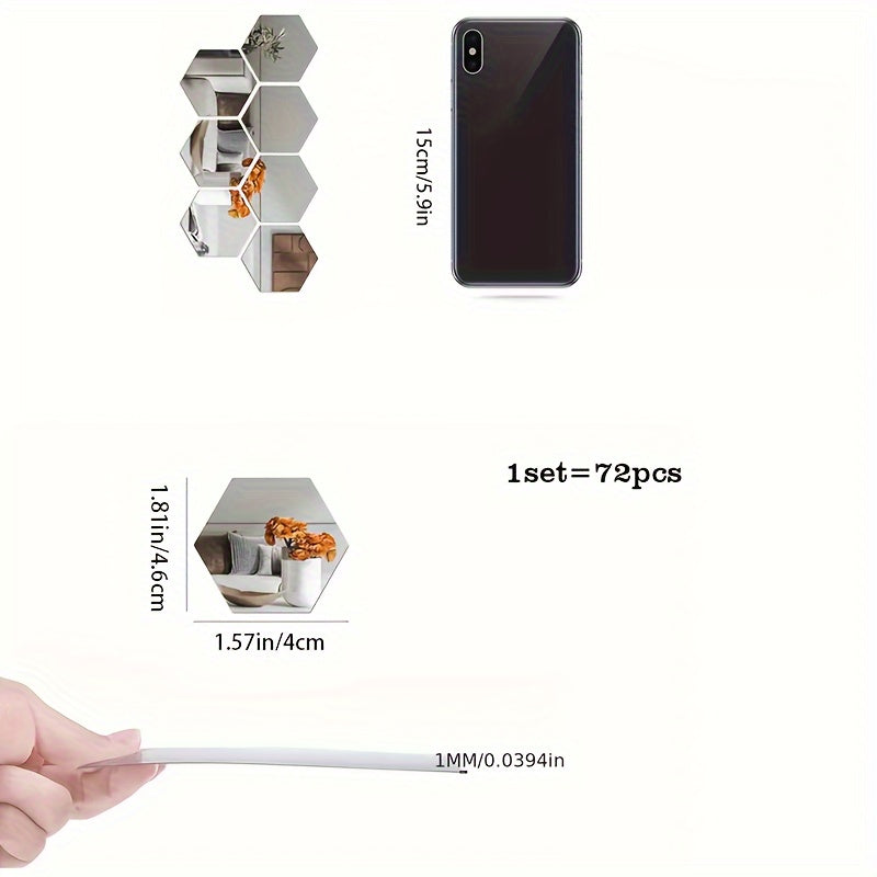 72 dona oltiburchakli oynali devor stikerlari, o'z-o'zini yopishtiradigan akril plitkalar, uy uchun DIY dekoratsiya