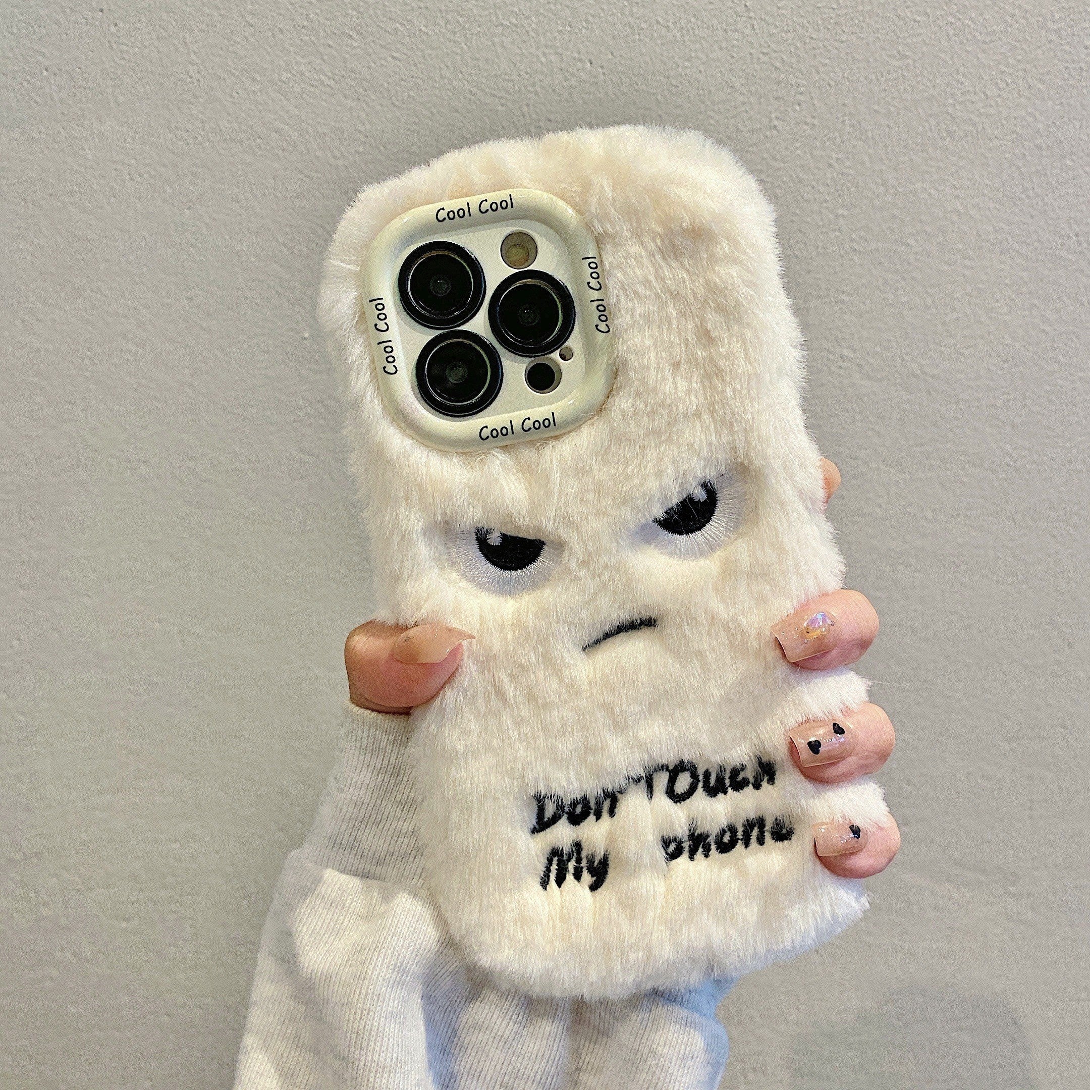 Plush Phone Case for iPhone 13-16 Pro Max with "Don't Touch My Phone" Expression and Lens Protection