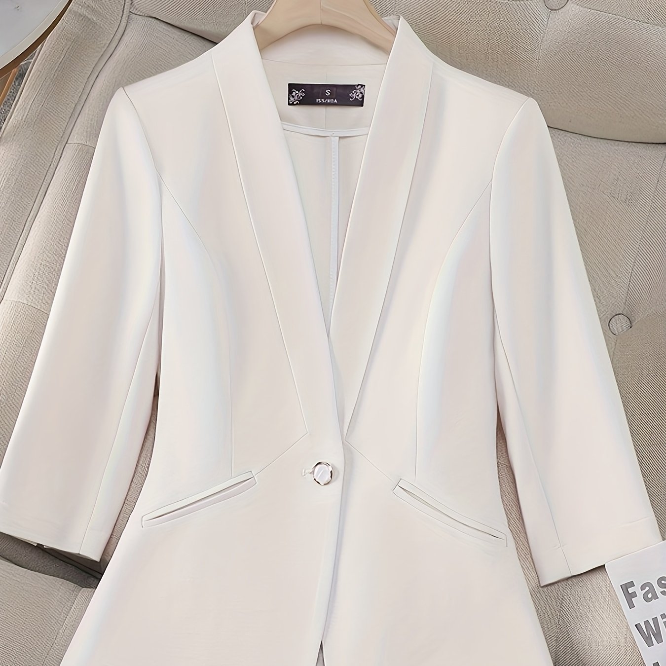 Women's Light Blue Notch-Less Blazer with Three-Quarter Sleeves and Single Button