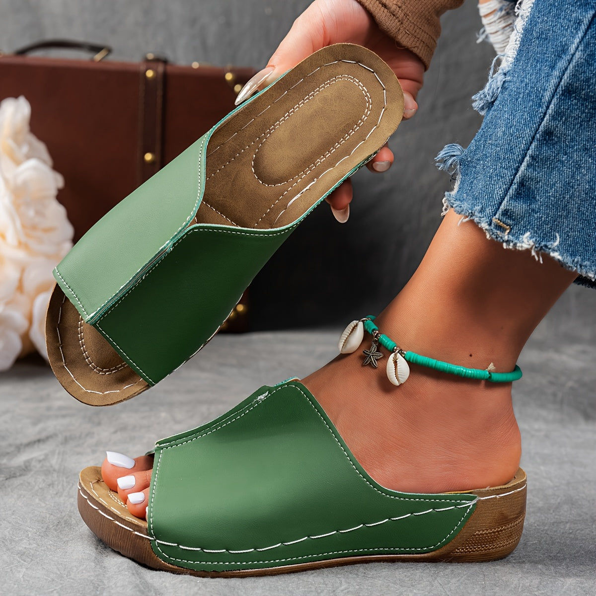 Women's Black and Brown Cork Slide Sandals Open Toe Casual Summer Shoes