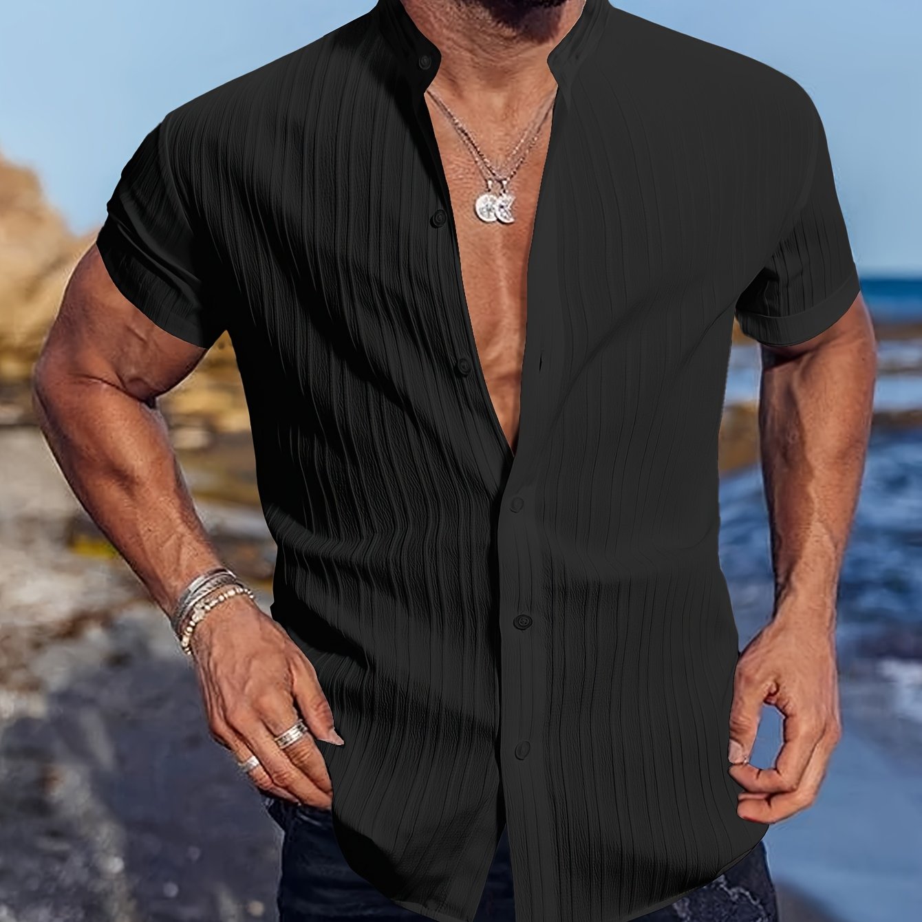 Men's Summer Casual Short Sleeve Shirt with Solid Color Stripes Breathable Polyester