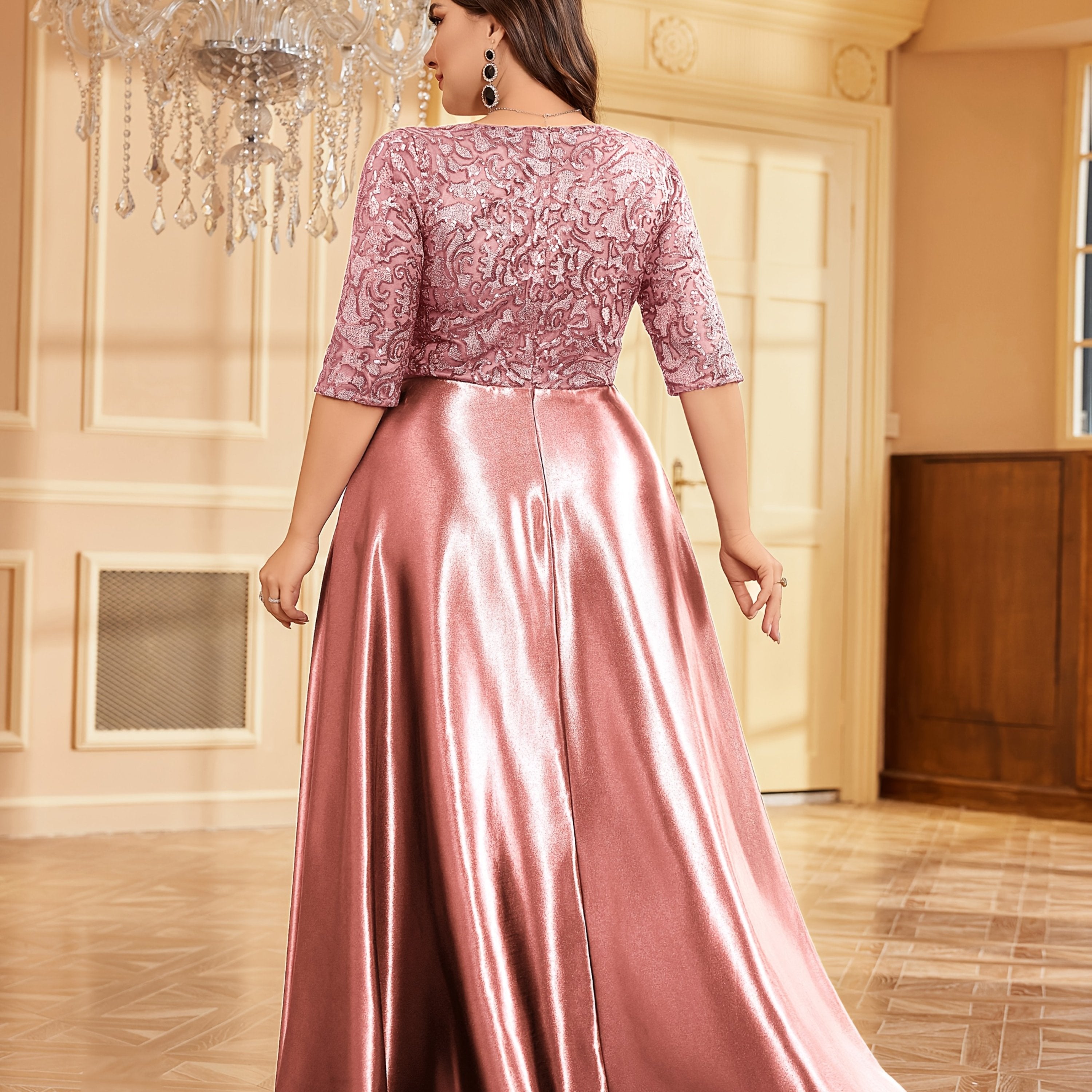 Women Long Dress Solid Color Mid-Sleeve Sequin Party Evening Gown