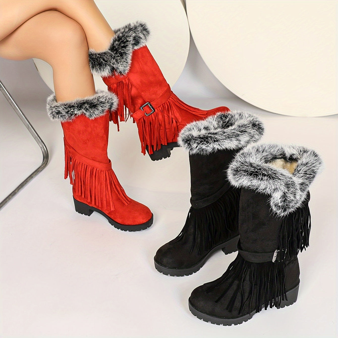 Женские зимние сапоги до середины икры с искусственным мехом, бахромой, в стиле combat, на slip-on, с круглым носком