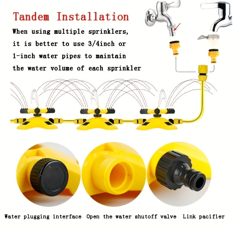 Automatic Lawn Sprinkler 360° Rotating Arms Large Area Coverage Yellow