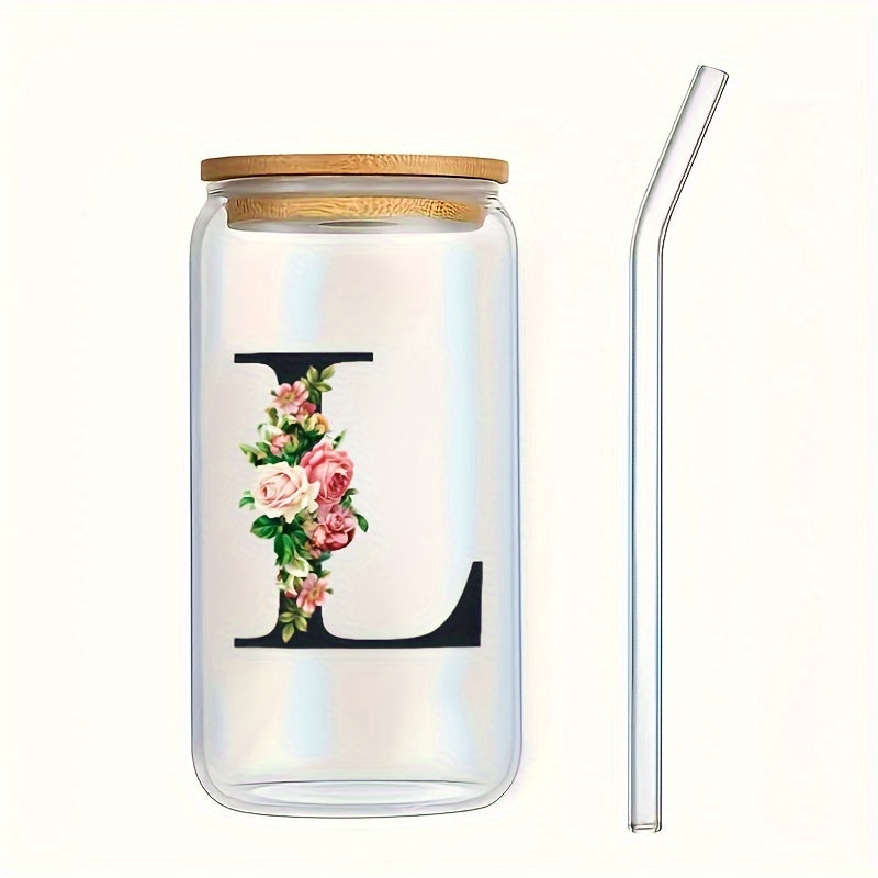 Flowers Drinking Glass with Bamboo Lid and Straw 16oz Coffee Mug for Women Girls