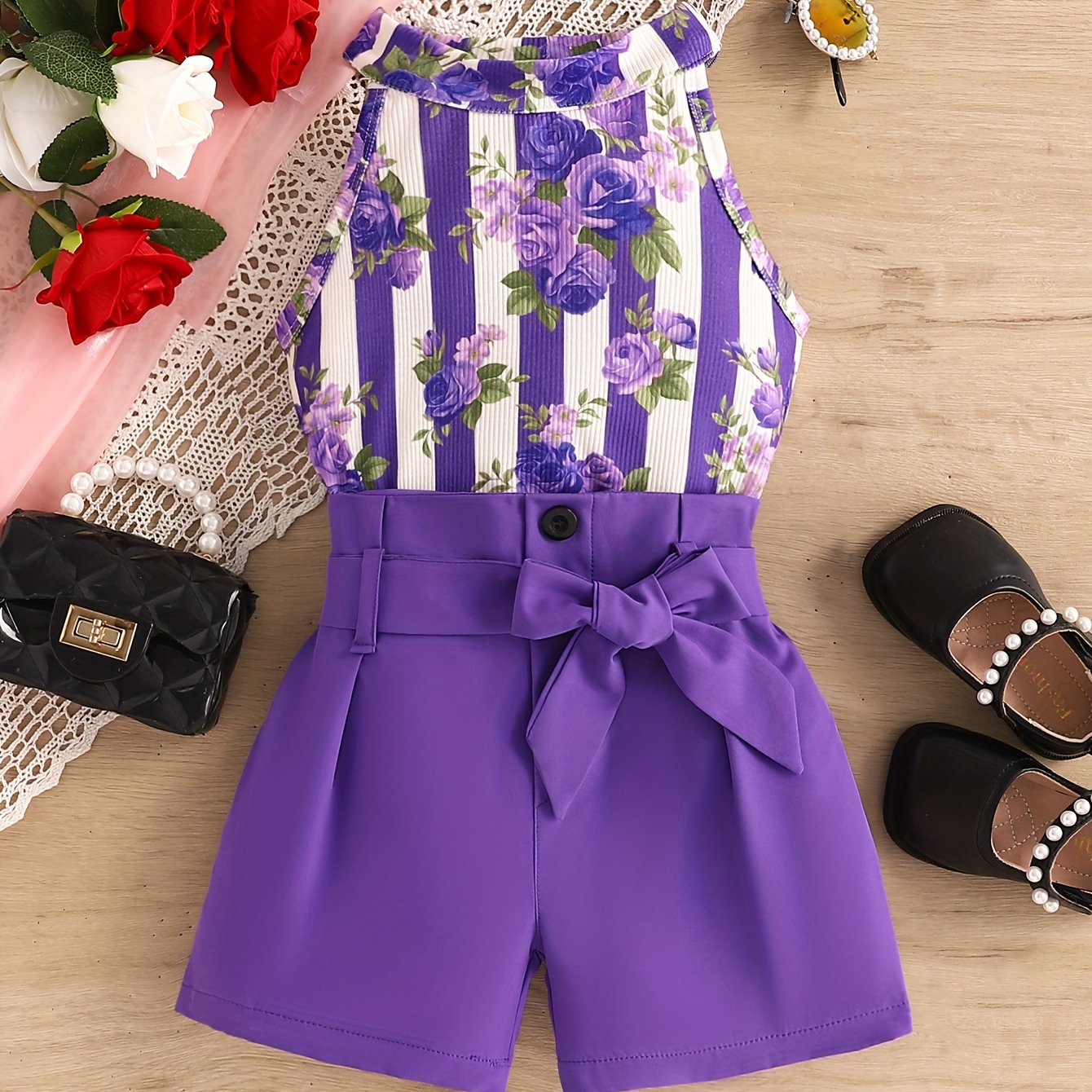 Girls Summer Outfit with Red Rose Print Halter Neck Stripe Top and Belt Shorts