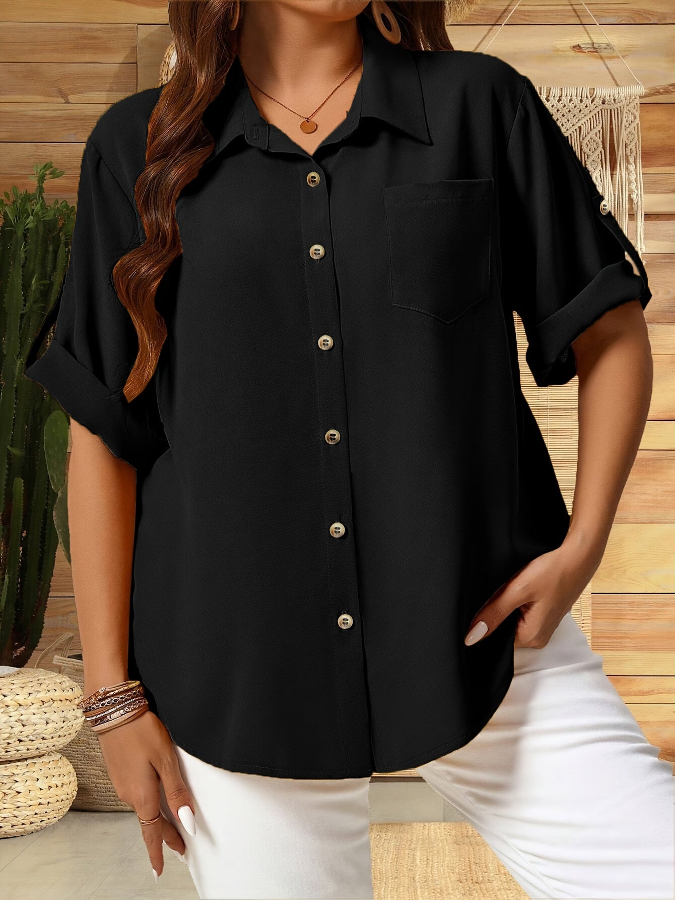 Women's Plus Size Black V-Neck Short Sleeve Button Shirt Casual Summer Blouse