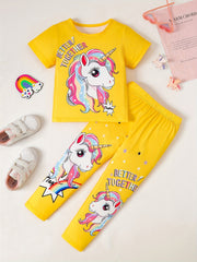 Детский комплект из короткого рукава и джоггера для девочек с животным принтом для активного отдыха