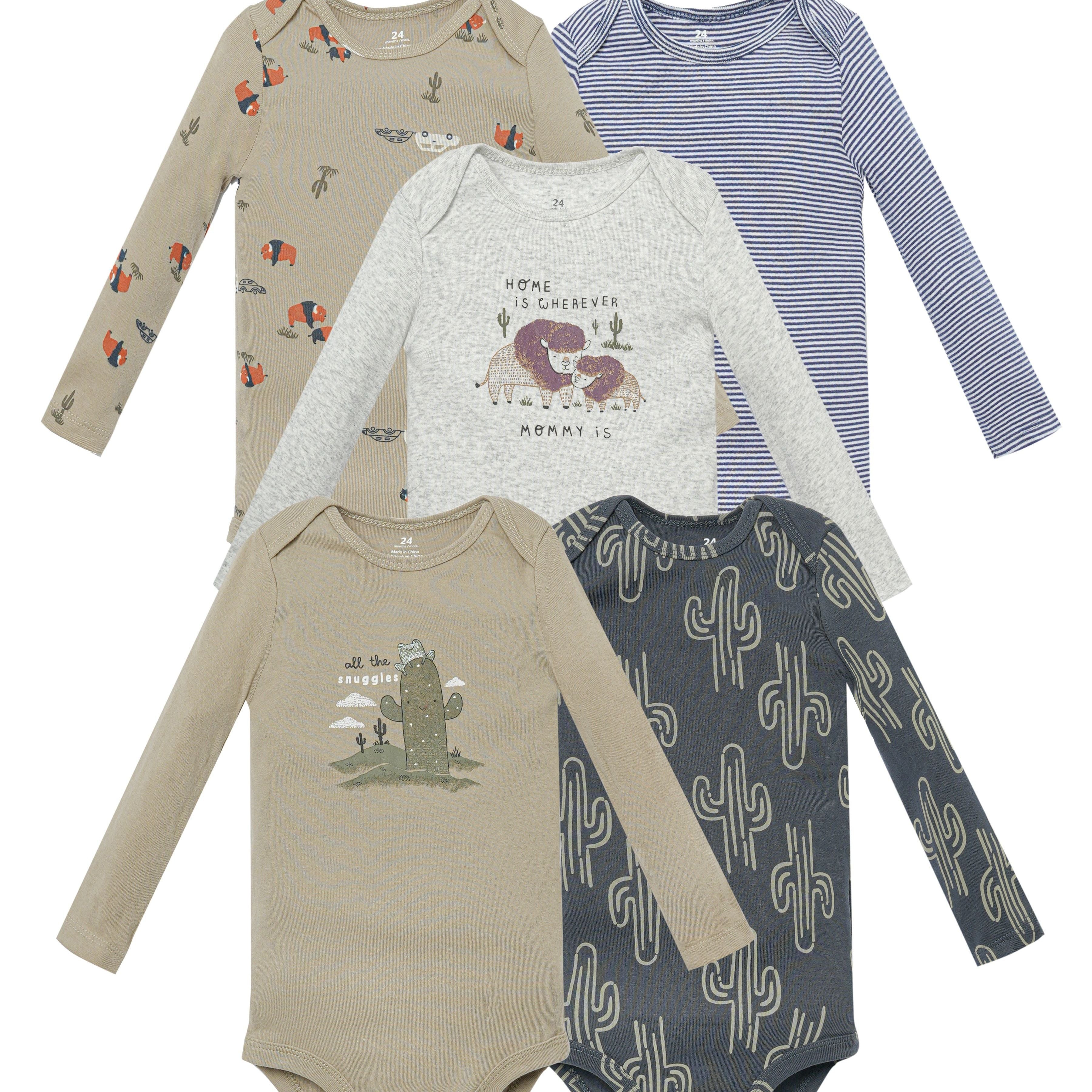 Baby Boys Cotton Bodysuits Set 5 Creatively Patterned Long Sleeve Spring Fall