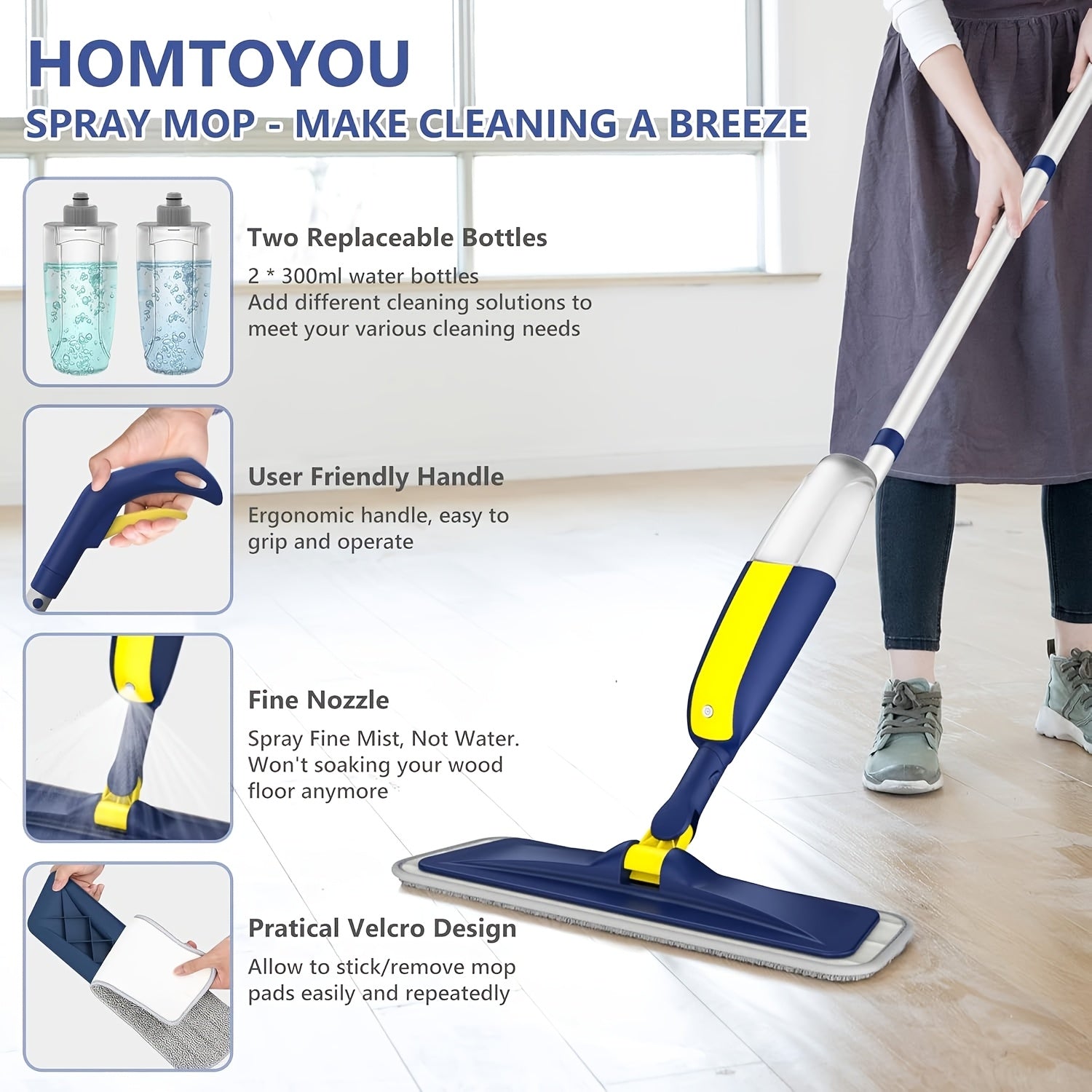 Microfiber Mop Set with 2 Water Bottles 4 Washable Pads 360° Rotatable Handle