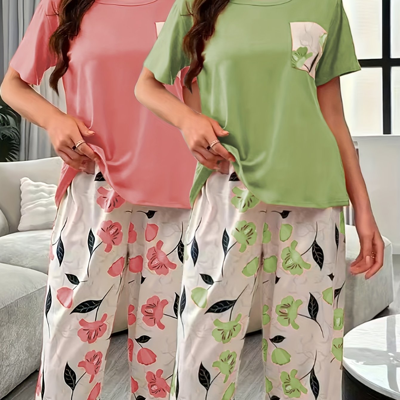 Women's Pajama Set Short Sleeve Floral Print Cozy Polyester Blend