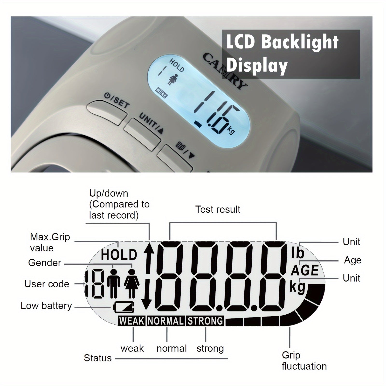 Digital Hand Dynamometer Grip Strength Meter LCD Display No Battery Needed