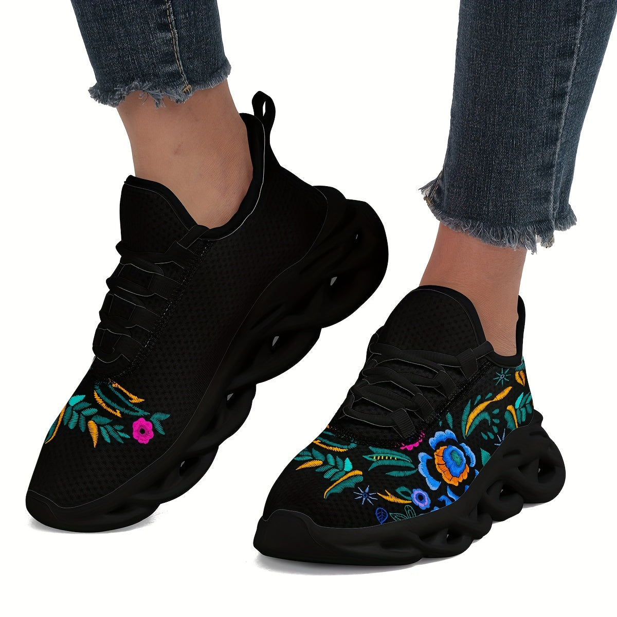 Women's Breathable Mesh Floral Print Sneakers Lightweight Non-Slip Slip-On Casual Shoes