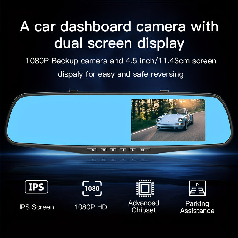 Cámara de tablero para coche en HD 1080P con visión nocturna, doble pantalla, grabación frontal y trasera, memoria de 64GB