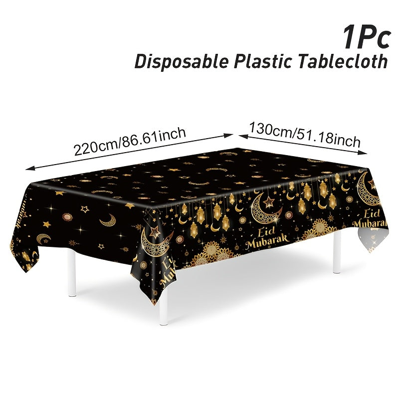 Eid Mubarak Tablecloth Black Gold Moon Star Lantern Design 130x220cm Plastic