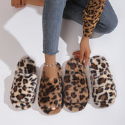 Women's Plush Leopard Print Open-Toe Slippers with EVA Sole and Soft Fabric