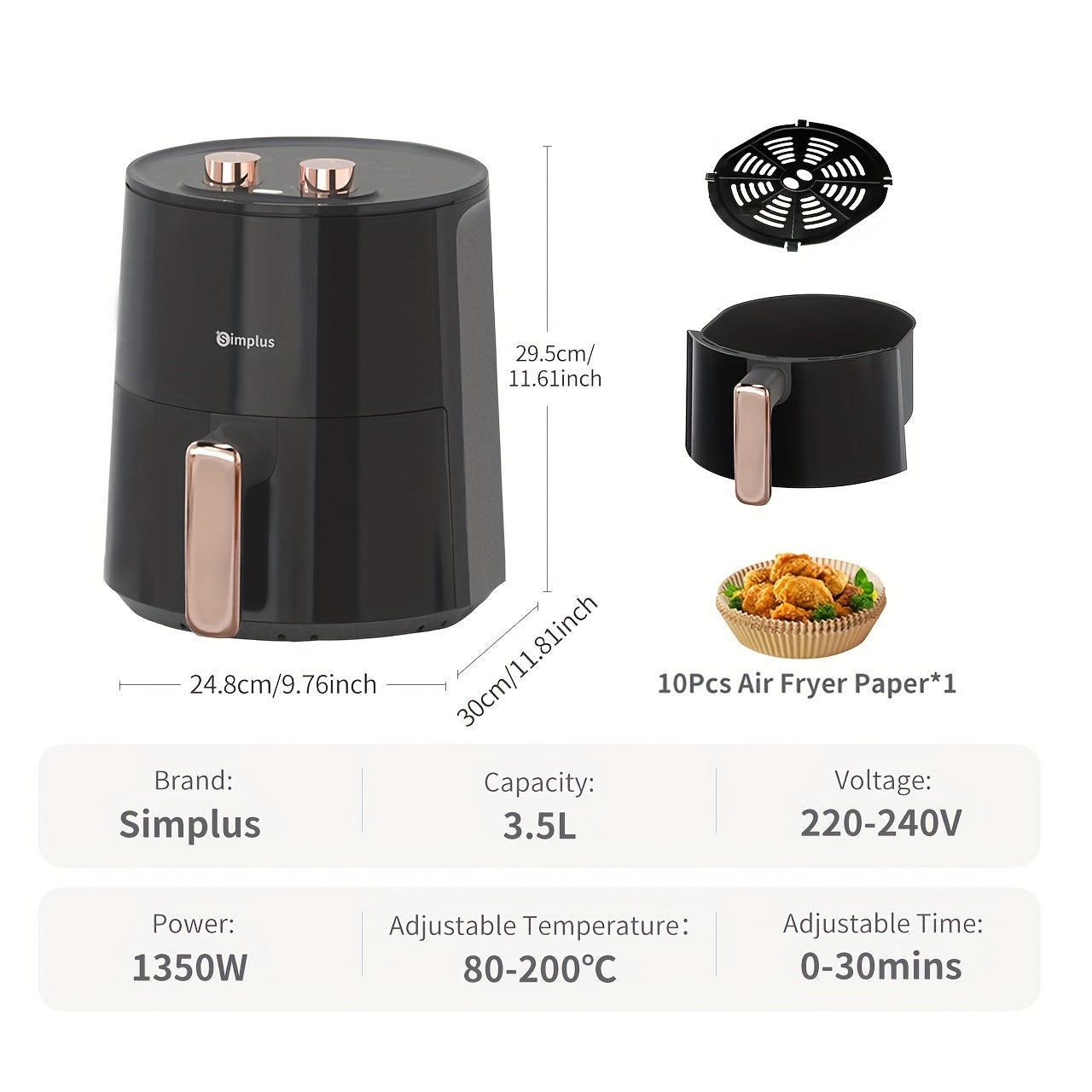 Mechanical Air Fryer 3.5L 1350W with oil-proof papers fast heating 360° circulation