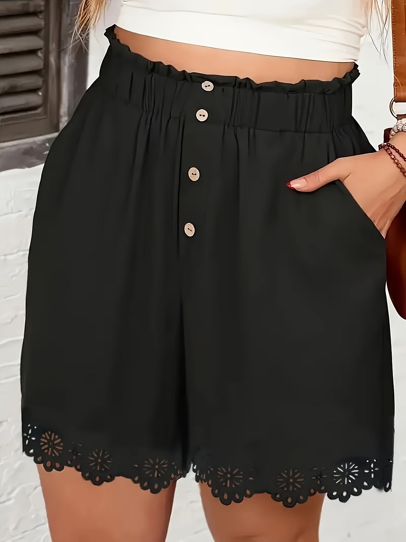 Pantalones cortos de cintura alta para mujer con bolsillos, poliéster, encaje floral, transpirables, casual