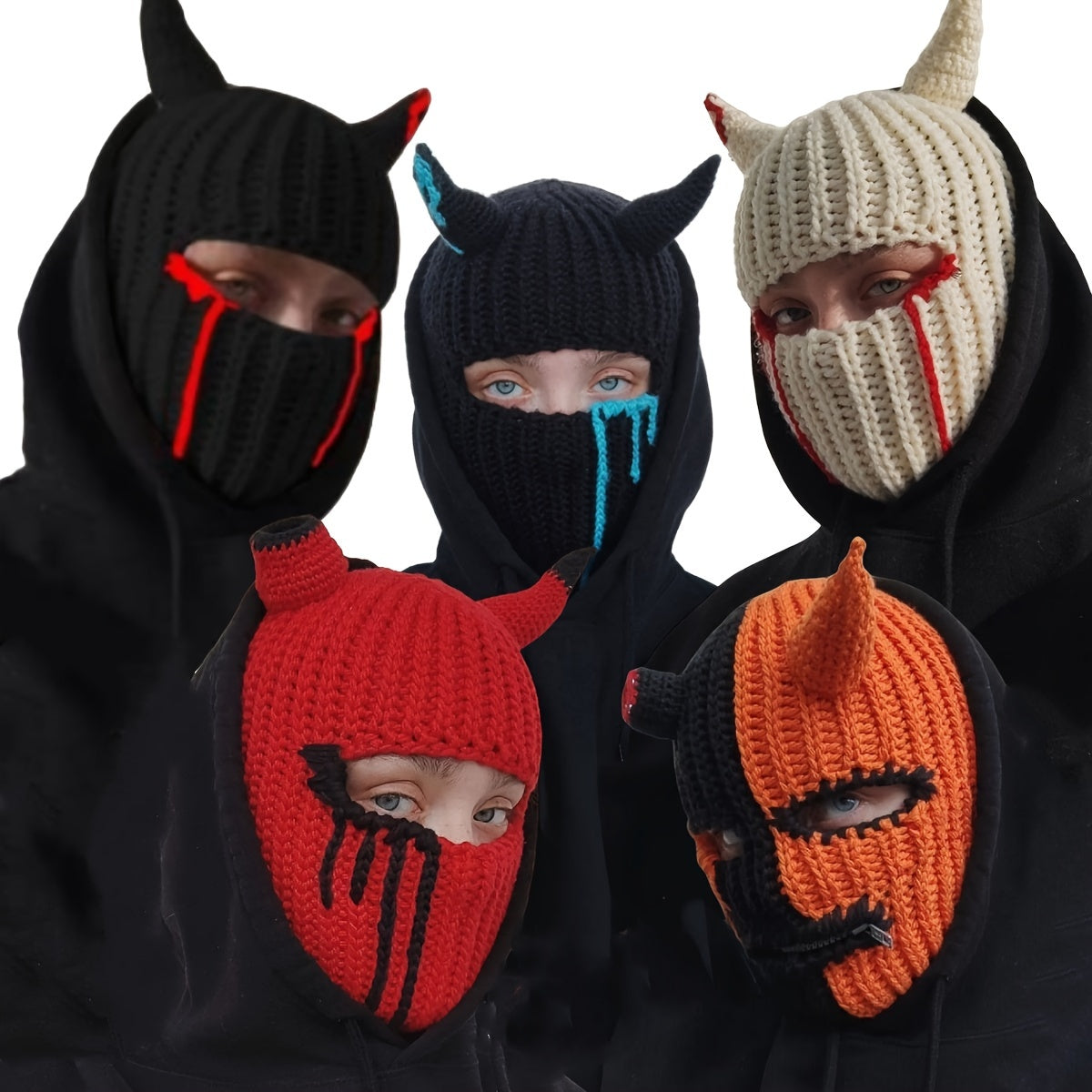 Striped Knit Balaclava with Blood Stains and Horns for Halloween and Costume Parties