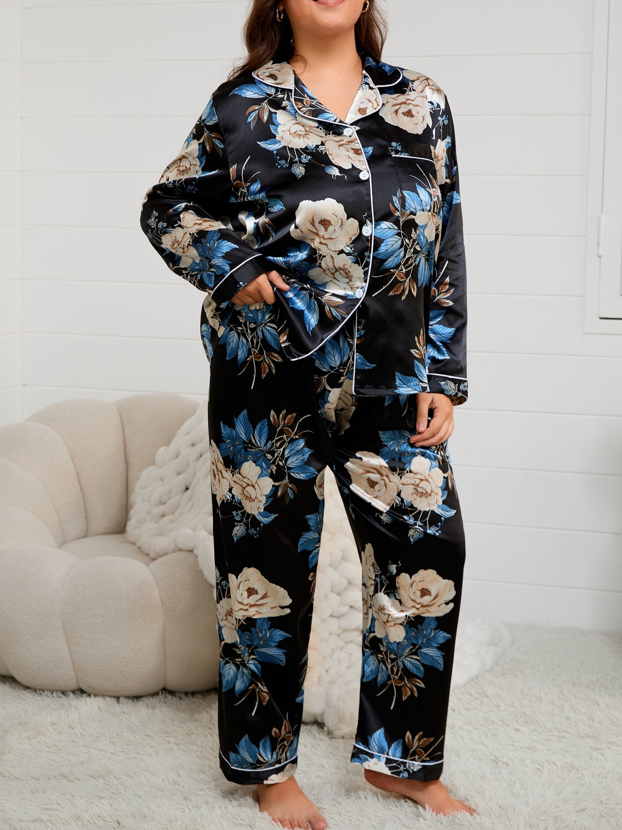 Conjunto de pijama de cárdigan largo floral colorido para mujer en talla grande