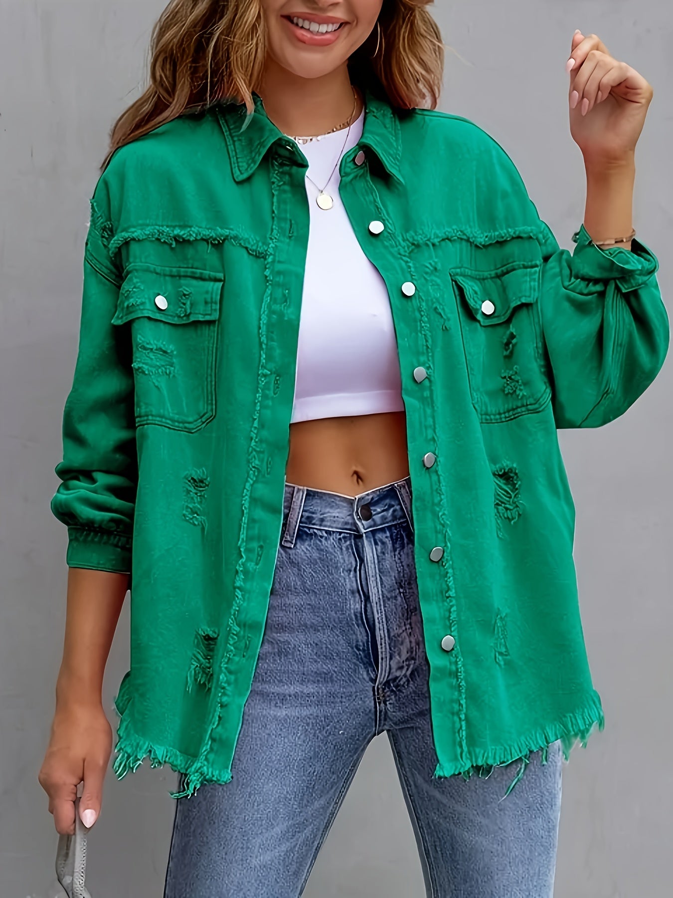 Women's Plus Size Distressed Denim Shirt with Raw Hem and Flap Pockets