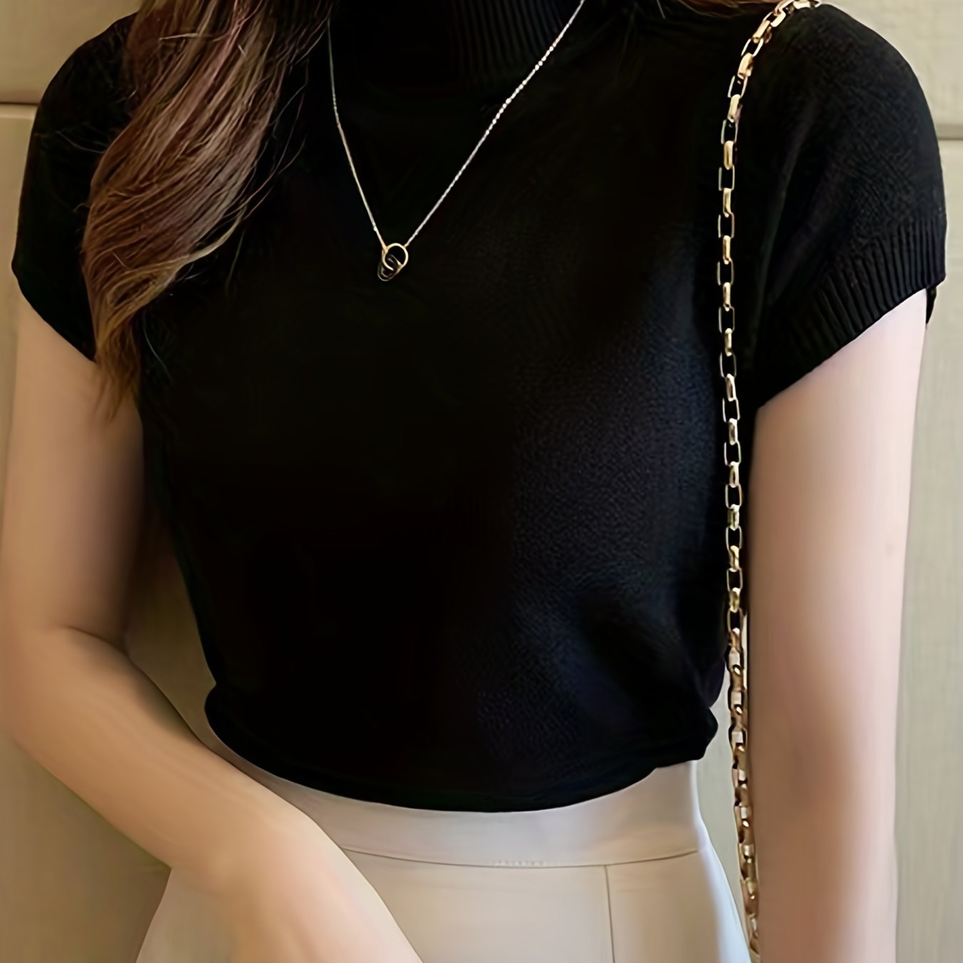 Women's Solid Knit Mock Neck Sweater Short Sleeve Casual Slim Fit All Season