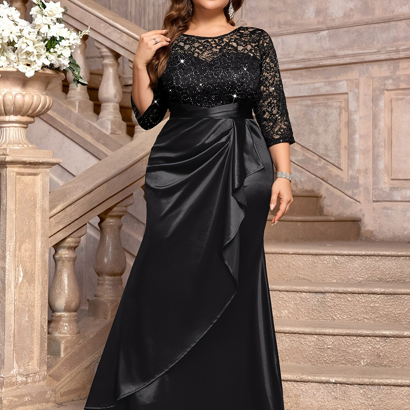 Vestido largo de noche elegante para mujer de talla grande con satén, encaje y dobladillo con volantes