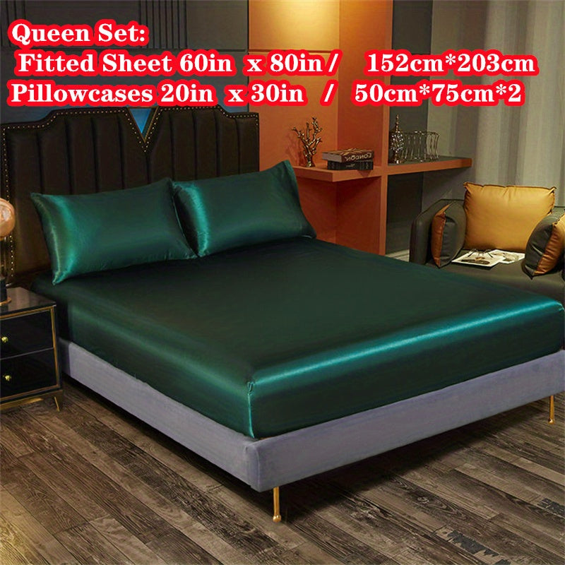 Satin Bedding Set 3 Pieces Fitted Sheet and Pillowcases Solid Color
