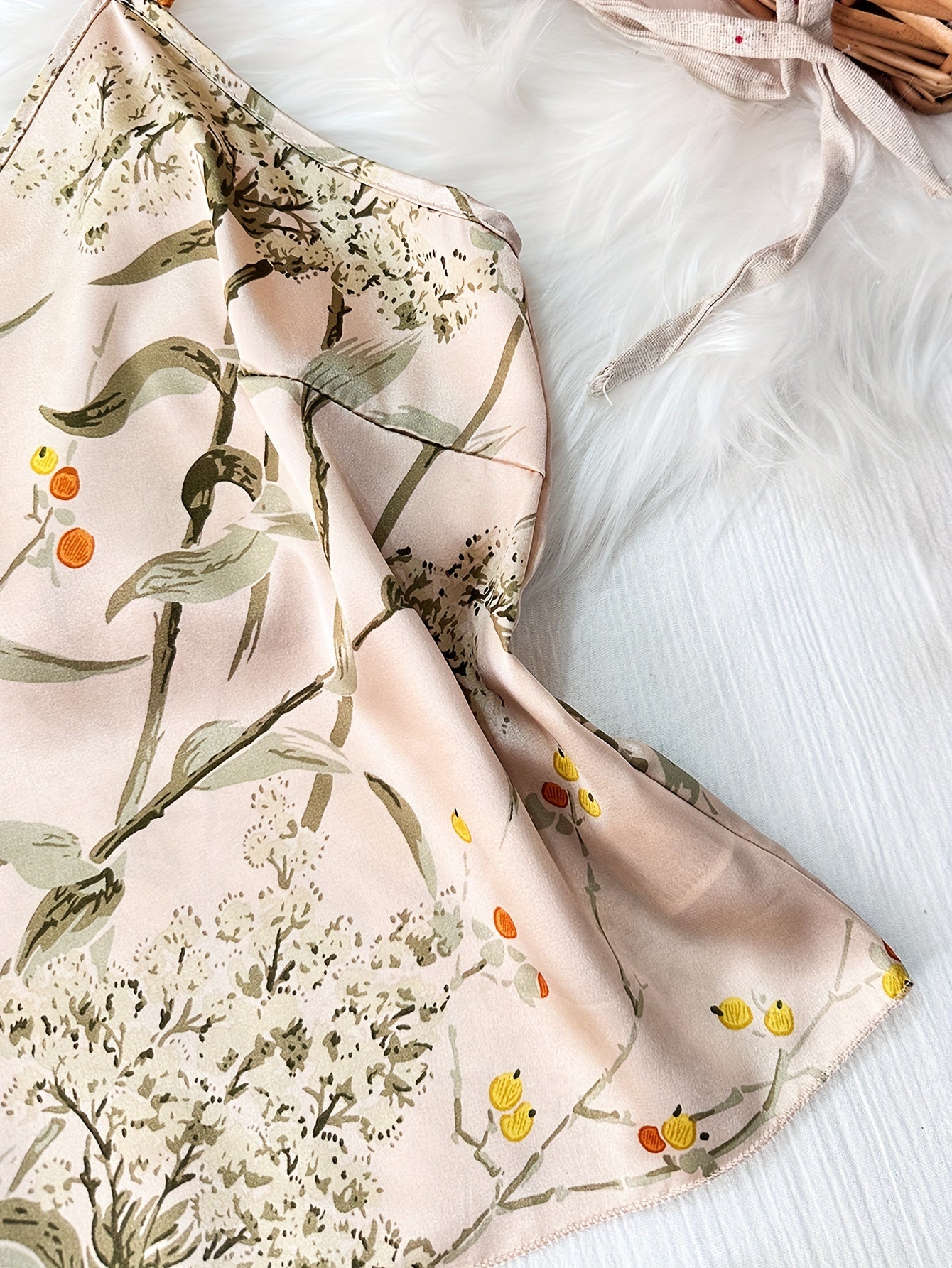 Women's Satin Sleepwear Set with V-Neck Camisole and Ruffle Hem Shorts