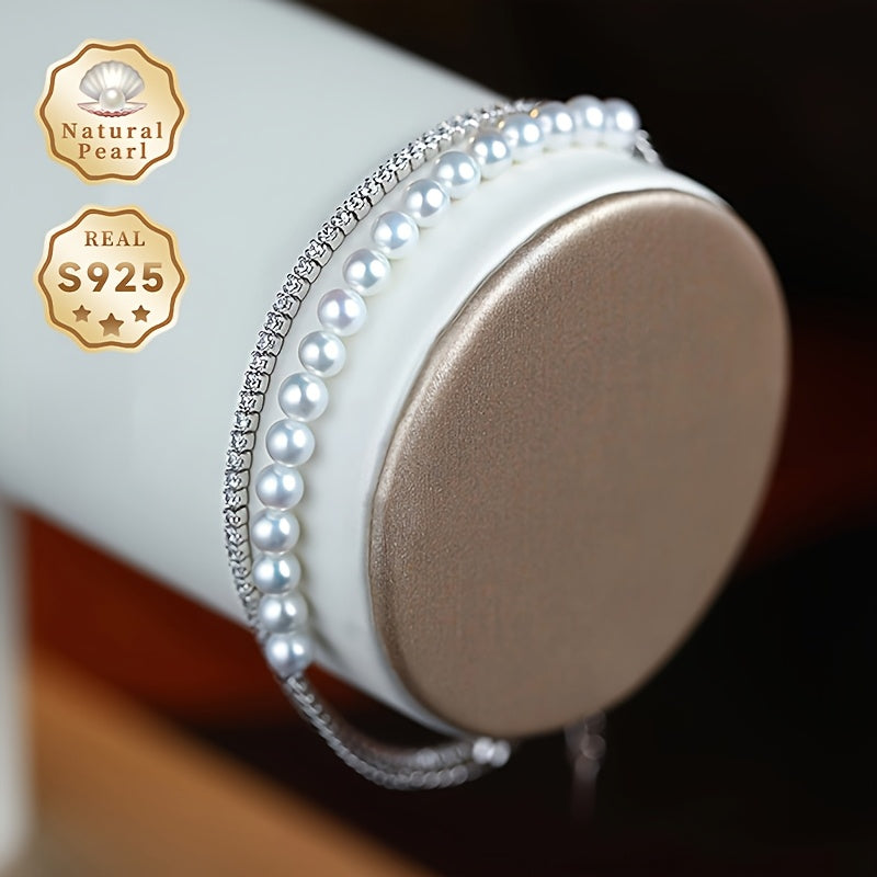 Pulsera elegante de doble hilo con perlas de agua dulce y zirconia, plata de ley, piedra de nacimiento de junio