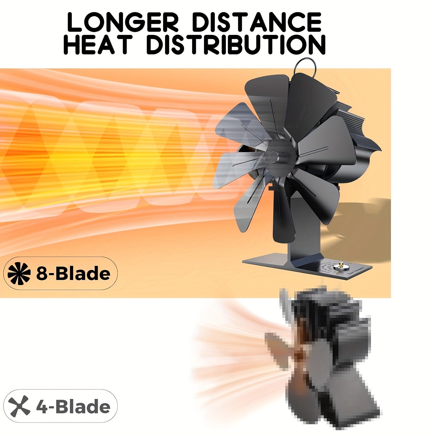 8-Blade Fireplace Fan with Built-In Thermometer for Wood Stove Heating
