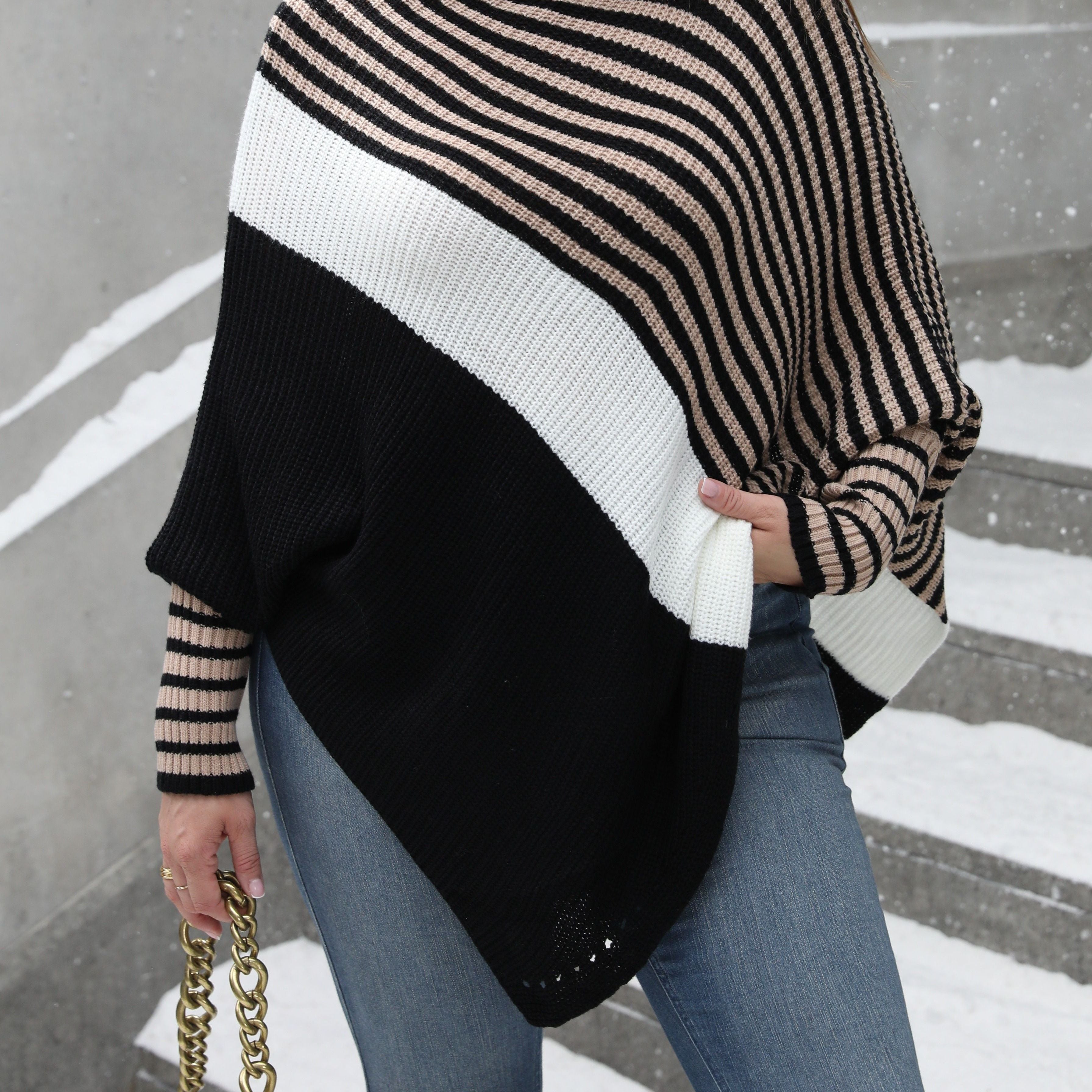 Plus Size Women'S Striped Color Block Sweater Long Sleeve Mock Neck Fall Winter