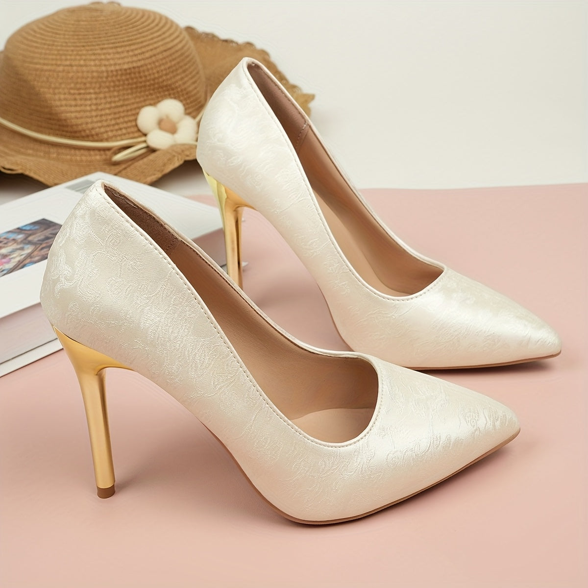 Women's Black Floral Embossed Pointed Toe High Heels with Gold Accents