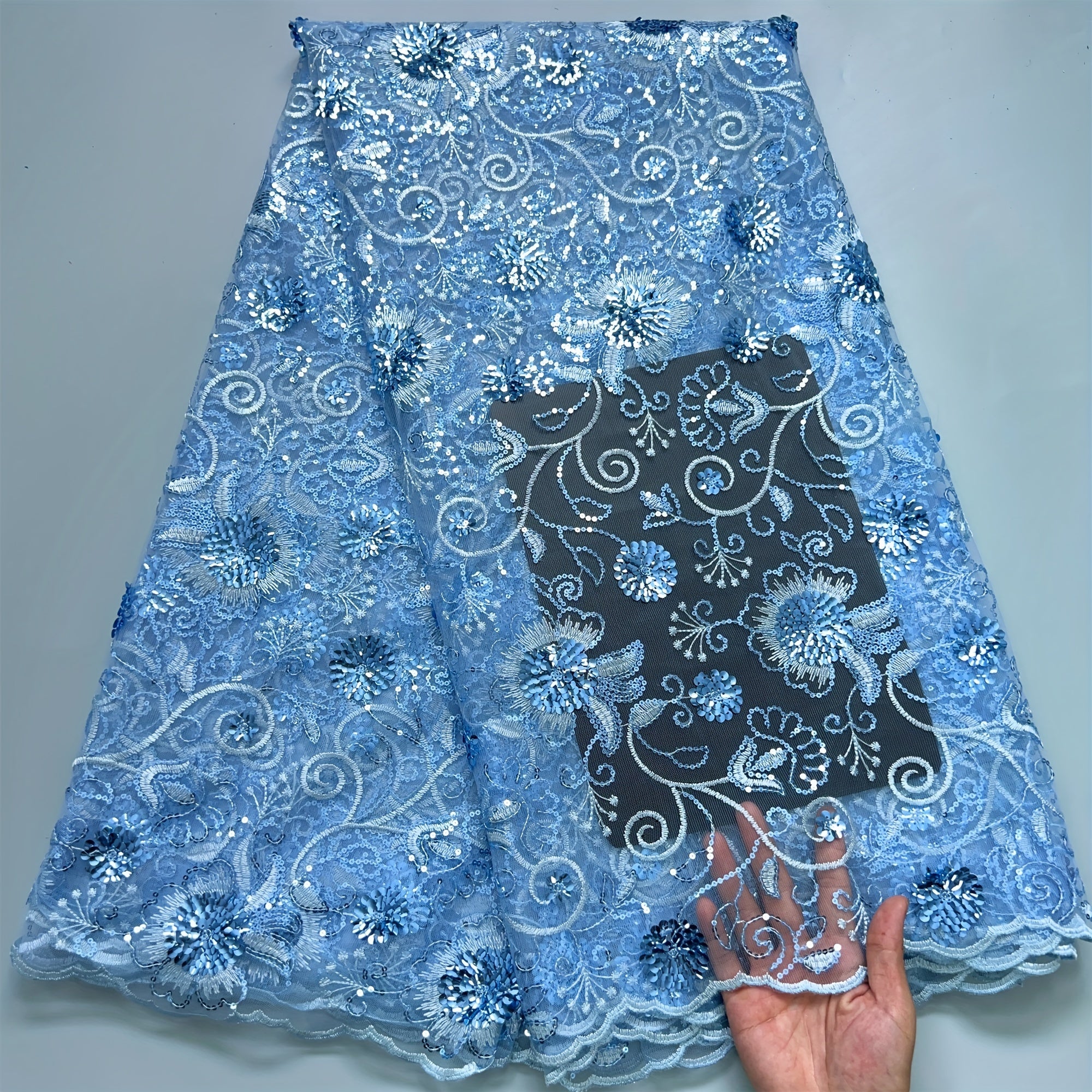 Floral Sequin Tulle Lace Fabric 4.57 Meters for Bridal Gowns Polyester Hand Wash