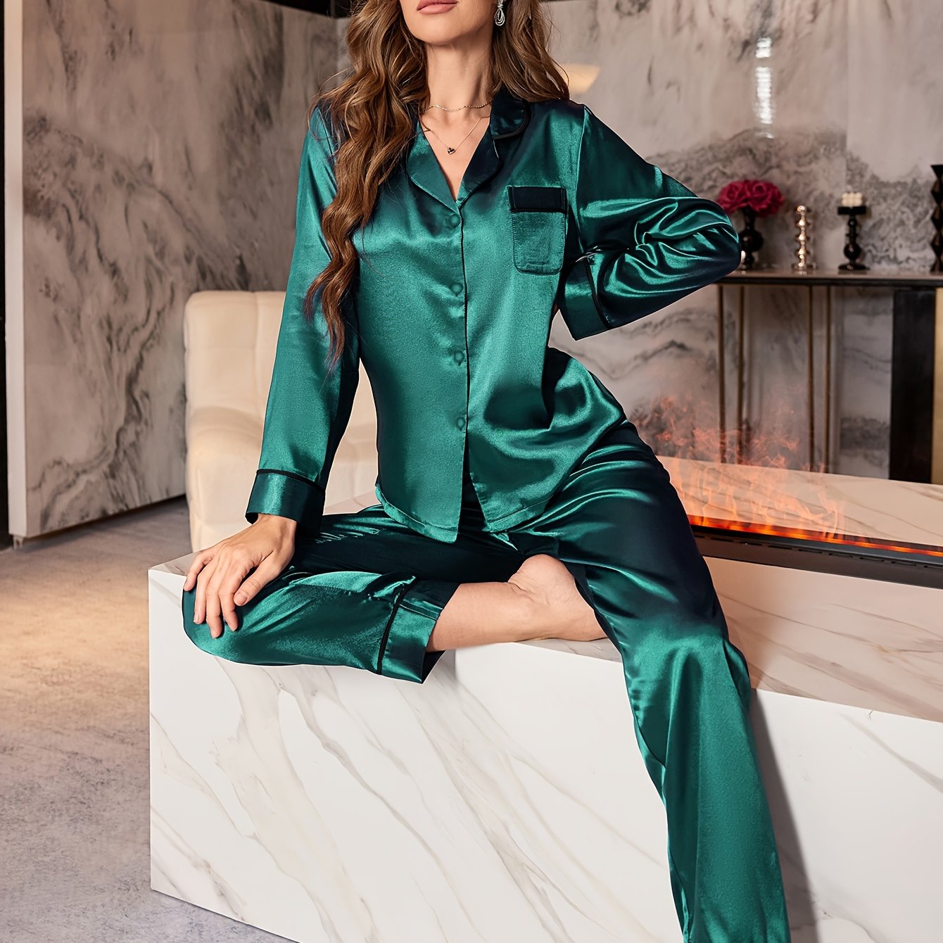 Women's Satin Pajama Set Long Sleeve Button-Up Top Lapel Collar Elastic Pants Fall Winter Sleepwear
