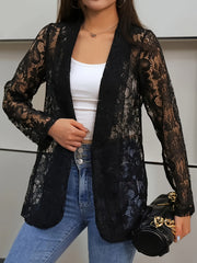 Women's Plus Size Black Lace Cardigan Lightweight Long Sleeve Open Front