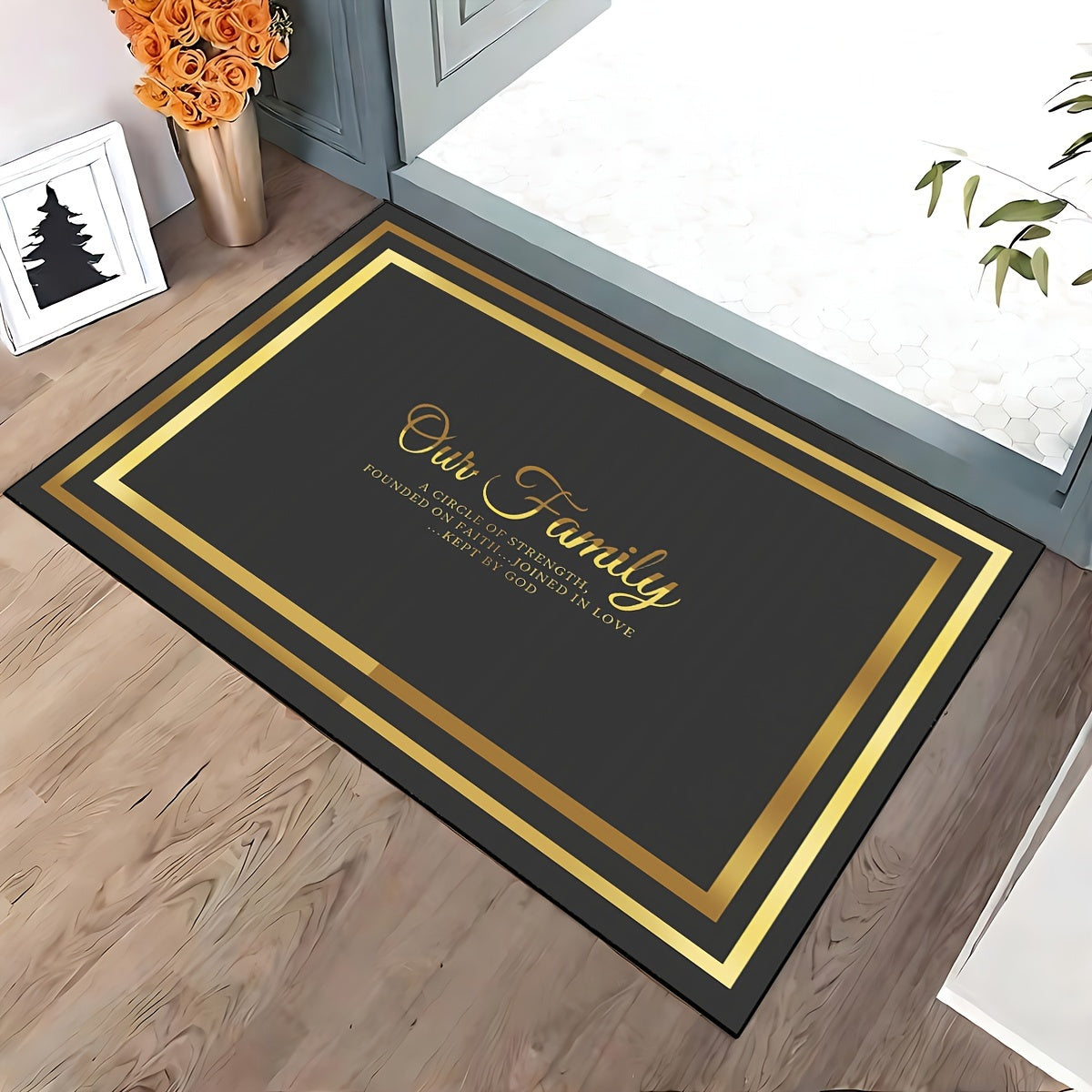 Black and Gold Welcome Door Mat Non-Slip Machine Washable Polyester