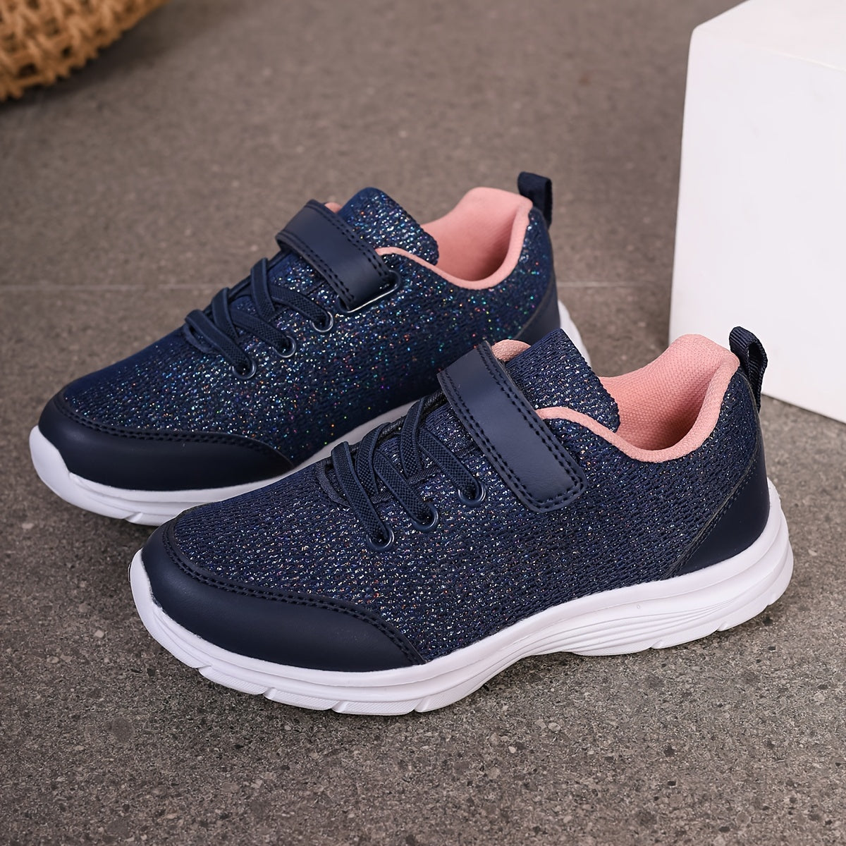 Kids' Navy Blue Pink Glitter Sneakers with Geometric Design Lightweight EVA Sole