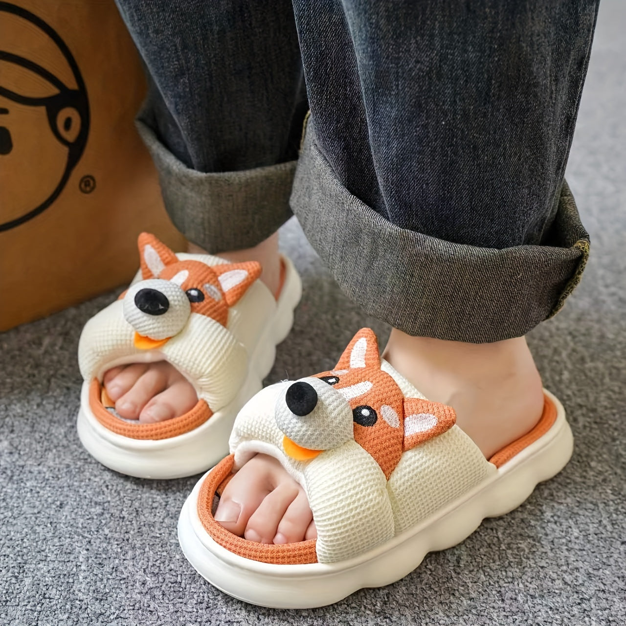 Women’s Linen Open Toe Slippers with Cute Dog Design Indoor Comfort