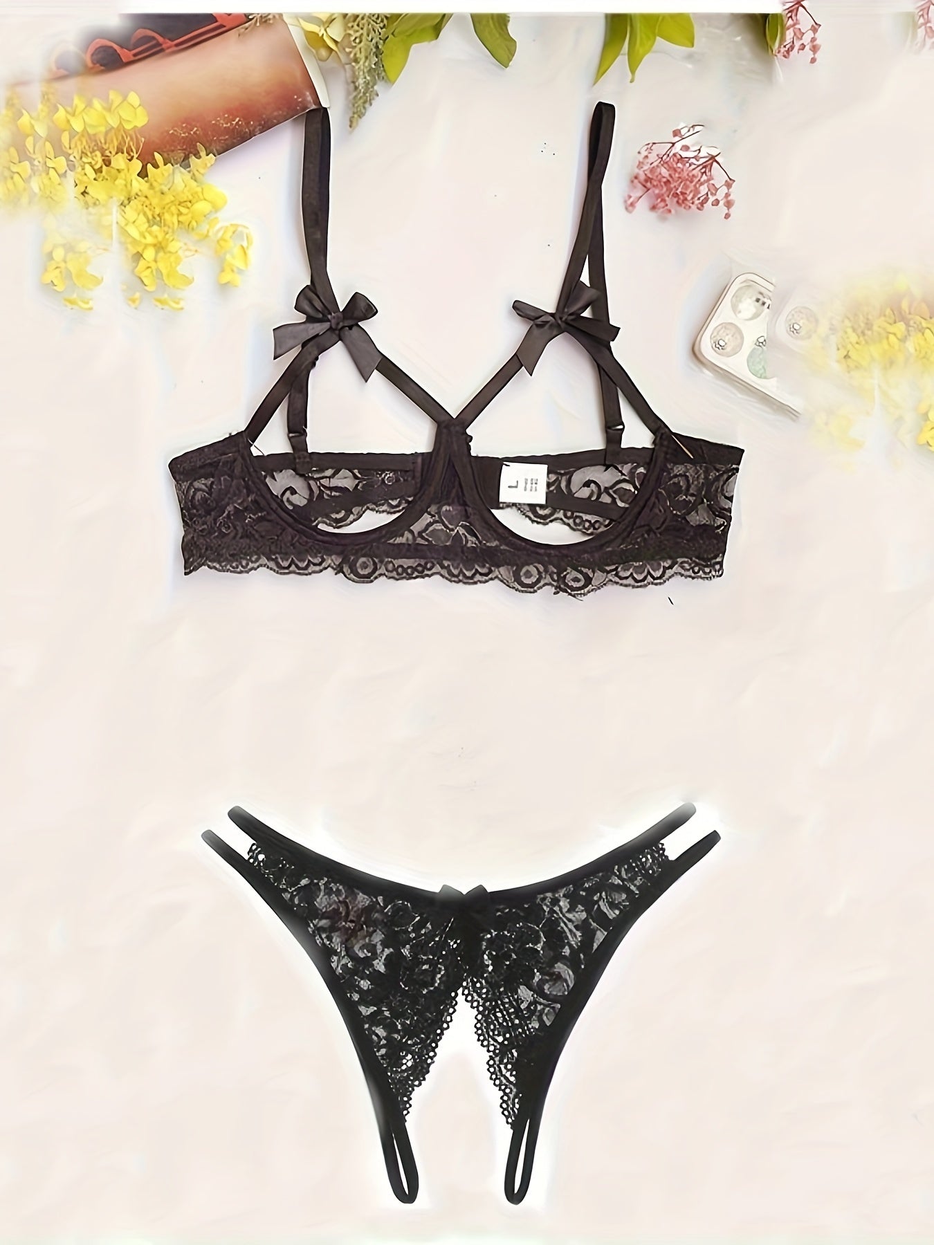 Women's Floral Lace Bow Lingerie Set Open Bust Bra Crotchless Panty
