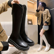 Women's Black Knee-High Mid-Heel Chunky Boots with Zipper