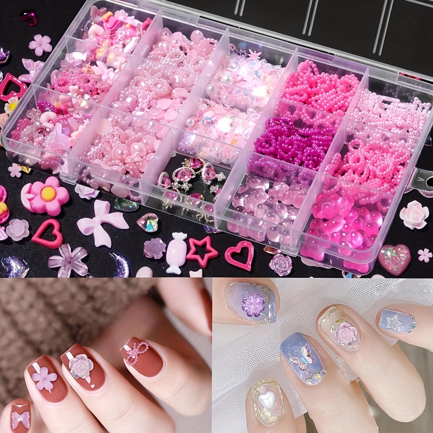 Pink 3D Nail Art Charms with Pearls Gems Hearts Bows for Manicure and Jewelry