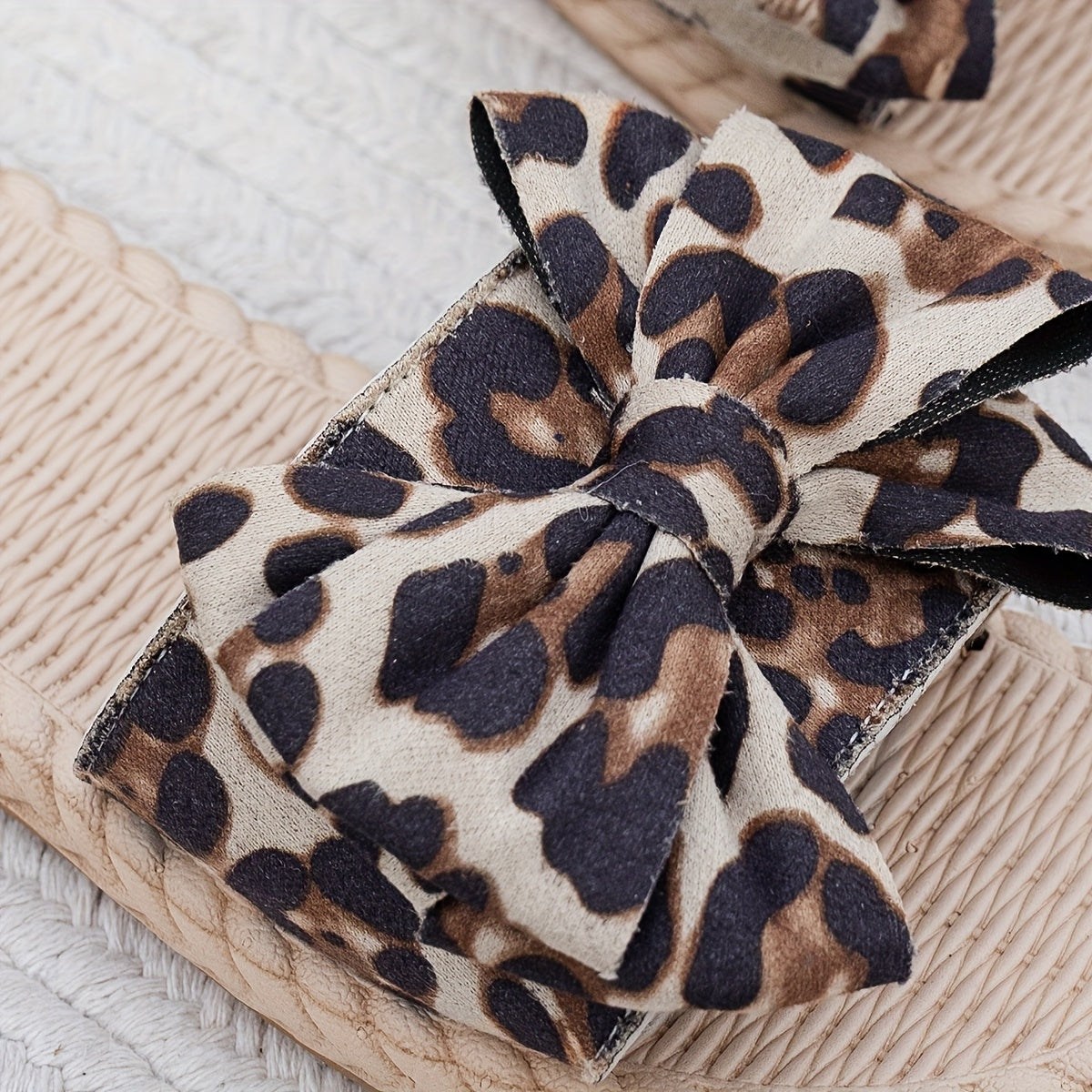 Women's Leopard Print Bow Slide Sandals Open Toe Non-Slip Flat Heel Blue Black